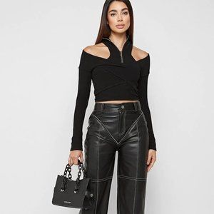 NWT Maniere De Voir Zip Detail Vegan Leather Trousers Pants size US 6